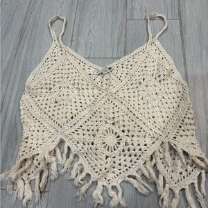 American Eagle Outfitters Cream Crochet Fringe Crop Top